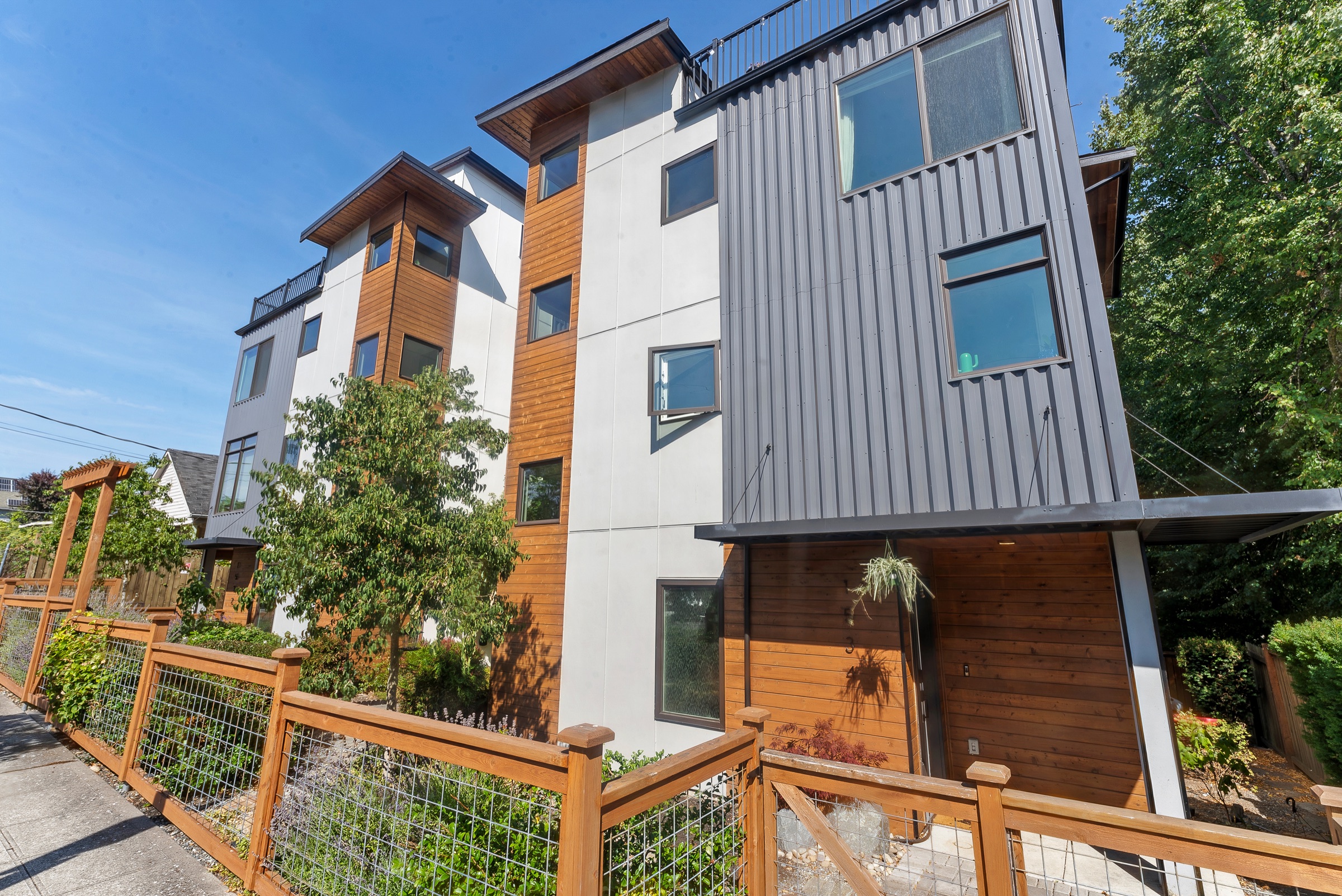 The modern townhomes from the street